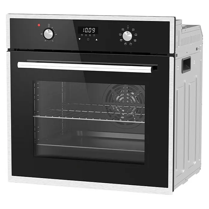 PKM Einbaubackofen EB9 - Anzahl Beheizungsarten: 8 Stk., Volumen Backofen: 64 l, Schwarz - Moderner Einbaubackofen mit schwarzer Glastür, Edelstahlverkleidung, Digitalanzeige und zwei Bedienknöpfen.