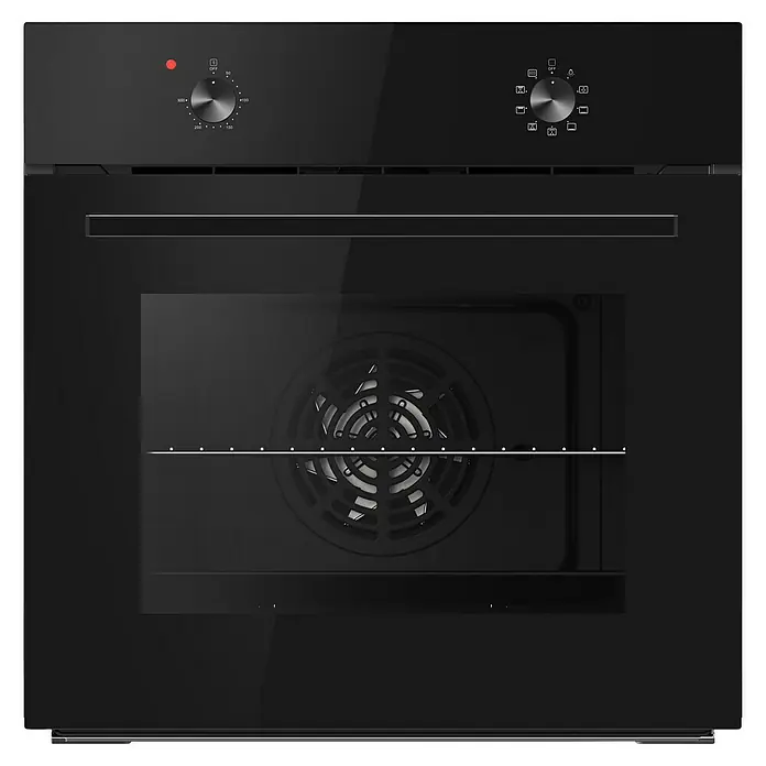 PKM Einbaubackofen EB7B - Anzahl Beheizungsarten: 8 Stk., Volumen Backofen: 64 l, Schwarz - Schwarzer Einbauofen mit Hochglanzoberfläche, zwei Drehknöpfen, beleuchtetem Innenraum und sichtbarem Umluftventilator hinter einem Rost.