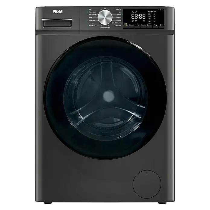 PKM Waschtrockner WT8+5ADG - Max. Ladegewicht: 8 kg, Anzahl Programme: 15 Stk., Dunkelgrau - Dunkelgraue Frontlader-Waschmaschine mit digitalem Display und Programmwählrad.