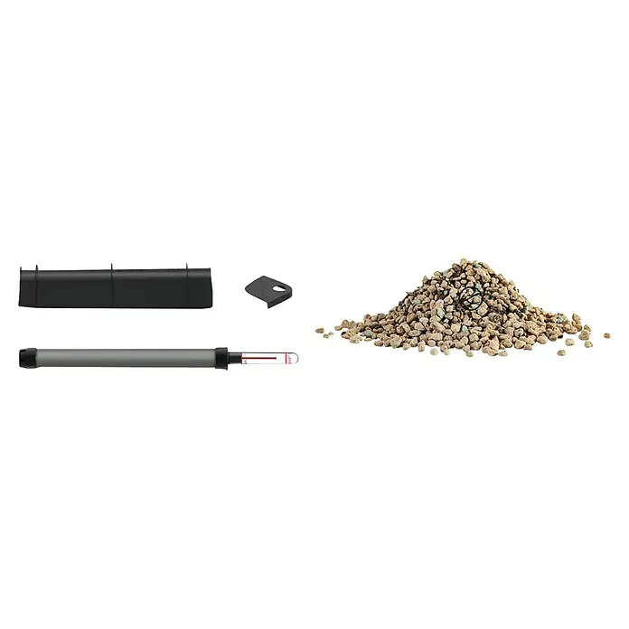 Lechuza Bewässerungs-Set Delta - Kunststoff, Passend für: Delta 30 - Ein graues Röhrchen mit rotem Feuchtigkeitsindikator, ein Haufen Trockenmittelgranulat und zwei schwarze Kunststoffteile.