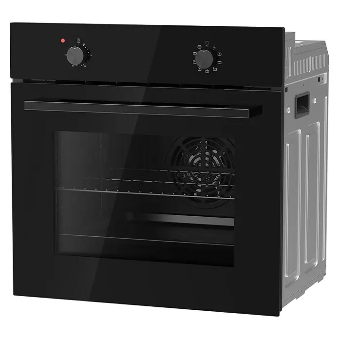 PKM Einbaubackofen EB7B - Anzahl Beheizungsarten: 8 Stk., Volumen Backofen: 64 l, Schwarz - Schwarzer Einbauofen mit Glastür, zwei Drehknöpfen, Innenlüfter und Metallrosten.