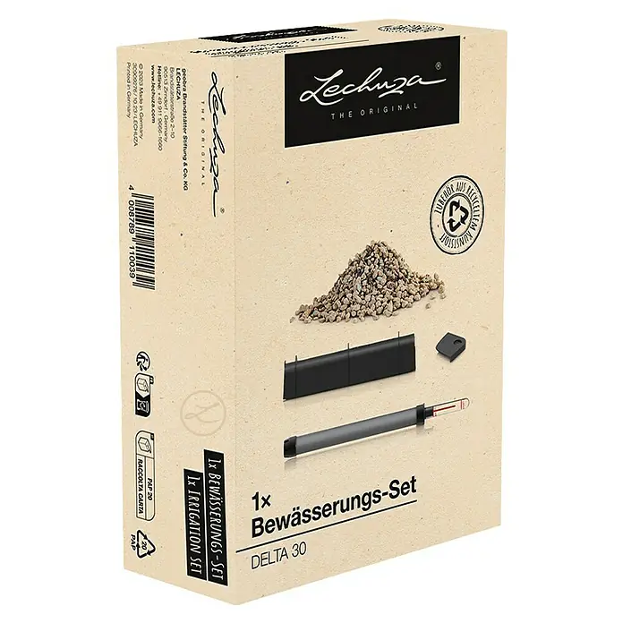 Lechuza Bewässerungs-Set Delta - Kunststoff, Passend für: Delta 30 - Lechuza Bewässerungs-Set in beiger Kartonverpackung, zeigt Substrat, Wasseranzeiger und Bauteile.