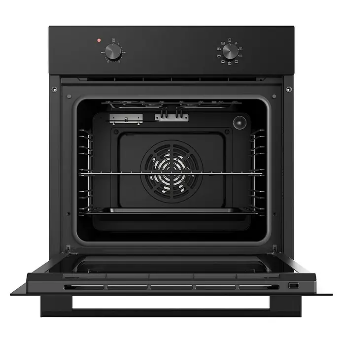 PKM Einbaubackofen EB7B - Anzahl Beheizungsarten: 8 Stk., Volumen Backofen: 64 l, Schwarz - Schwarzer Einbau-Elektroherd mit offener Tür, der den Garraum mit Lüfter, Rosten und Bedienknöpfen zeigt.