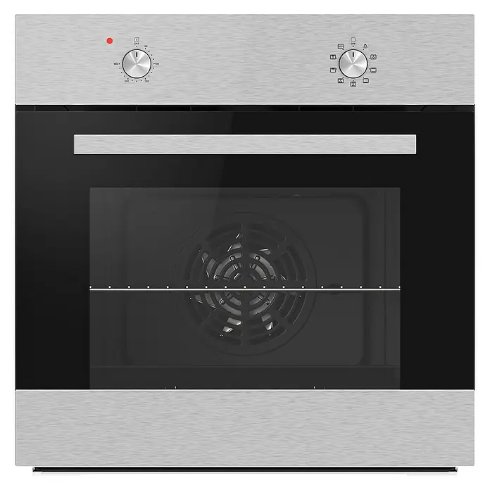 PKM Einbaubackofen EB7IX - Anzahl Beheizungsarten: 8 Stk., Volumen Backofen: 64 l, Edelstahl - Einbauofen aus Edelstahl mit schwarzer Glastür, zwei Bedienknöpfen, Innenlüfter und Backrost.