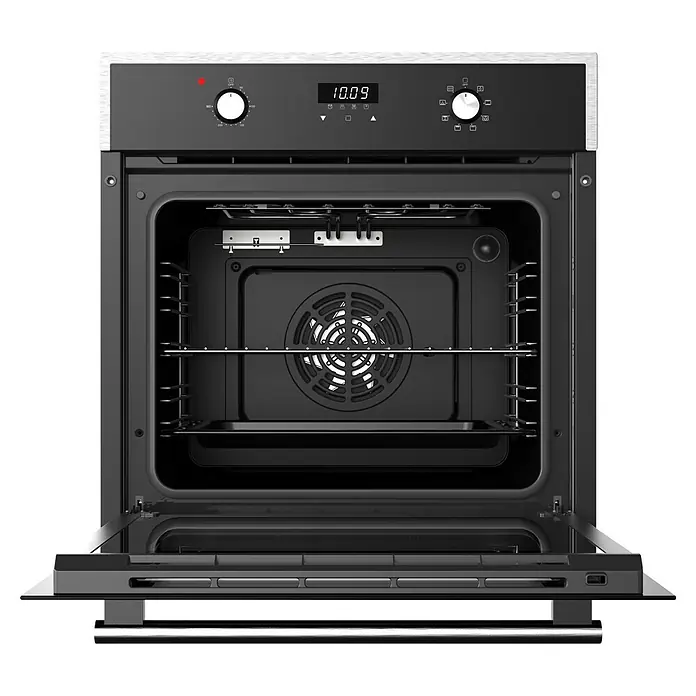 PKM Einbaubackofen EB9 - Anzahl Beheizungsarten: 8 Stk., Volumen Backofen: 64 l, Schwarz - Offener schwarzer Einbau-Elektrobackofen mit Digitalanzeige und silbernem Griff, zeigt Innenraum mit Rosten und Ventilator.