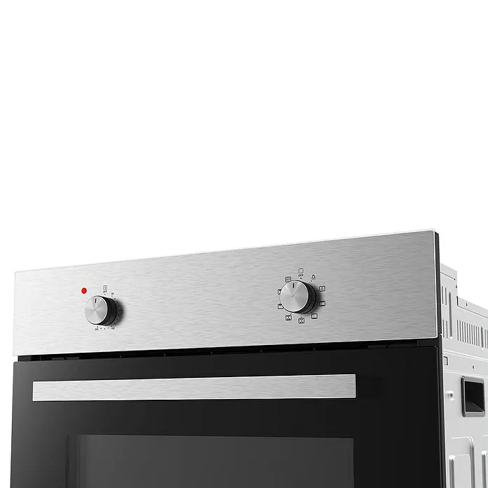 PKM Einbaubackofen EB7IX - Anzahl Beheizungsarten: 8 Stk., Volumen Backofen: 64 l, Edelstahl - Einbauofen aus Edelstahl und schwarzem Glas mit zwei silbernen Drehknöpfen und roter Kontrollleuchte.