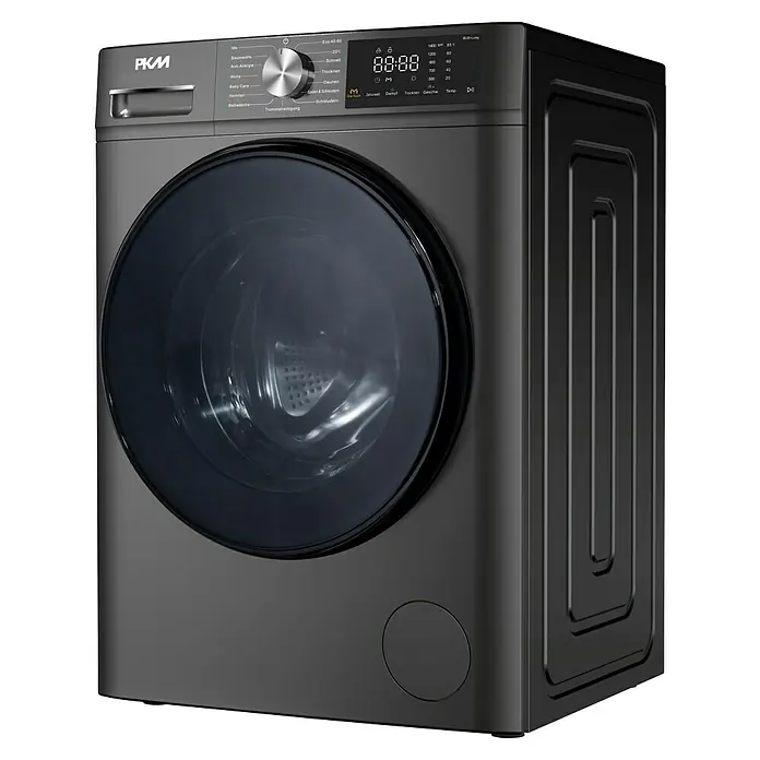 PKM Waschtrockner WT8+5ADG - Max. Ladegewicht: 8 kg, Anzahl Programme: 15 Stk., Dunkelgrau - Moderne dunkelgraue Frontlader-Waschmaschine mit großer schwarz umrandeter Tür und digitalen Bedienelementen.