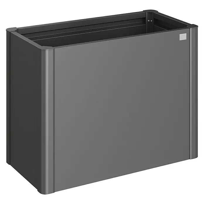Biohort Belvedere Hochbeet - 53 x 102 x 77 cm, Stahl, Dunkelgrau Metallic - Ein dunkelgrauer rechteckiger Metall-Pflanzkasten, ideal für Pflanzen und moderne Räume.