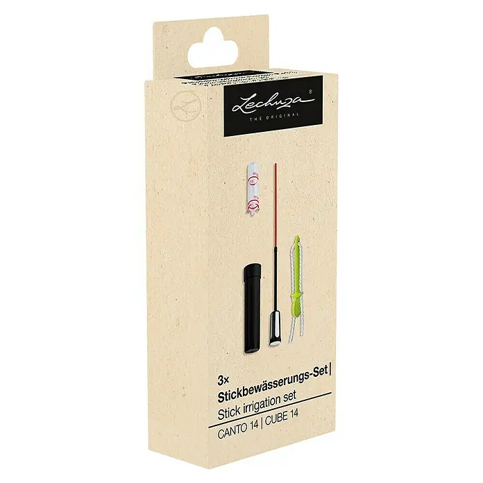 Lechuza Wasserstandsanzeiger - Kunststoff, Passend für: Canto 14 / Cube 14 - Lechuza Stickbewässerungs-Set in hellbrauner Kartonverpackung mit drei Bewässerungswerkzeugen: weißer Stab, schwarz-roter Stab, grünes Seilwerkzeug.