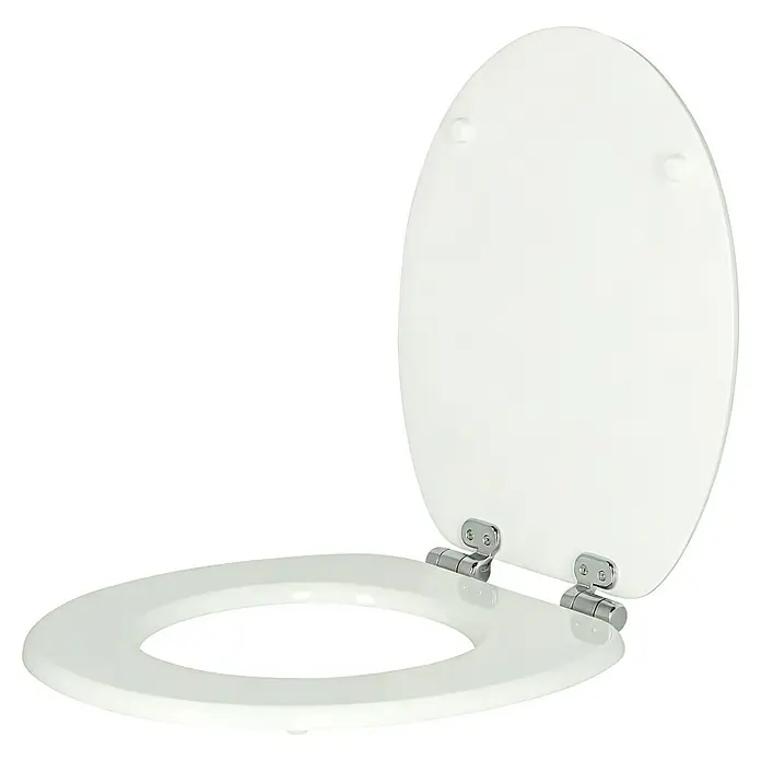 Poseidon WC-Sitz Sari - MDF, Weiß, Mit Absenkautomatik - Weißer Toilettensitz und Deckel, offen, mit sichtbaren Metallscharnieren.