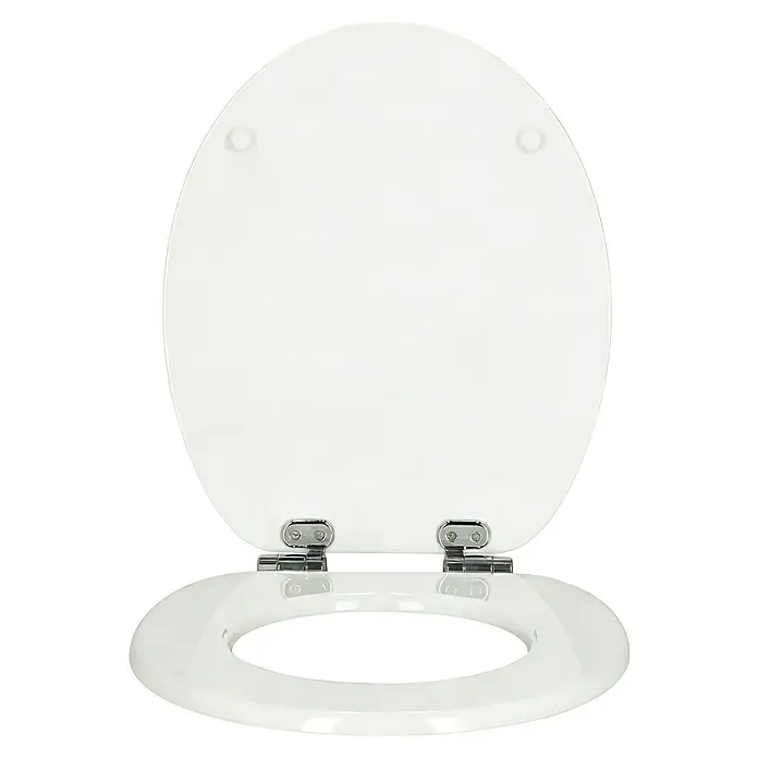 Poseidon WC-Sitz Sari - MDF, Weiß, Mit Absenkautomatik - Weißer WC-Sitz und Deckel, geöffnet, mit Chromscharnieren.
