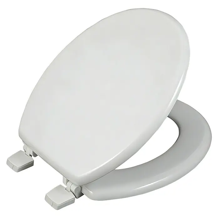 Poseidon WC-Sitz Kimo - MDF, Weiß, Ohne Absenkautomatik - Weißer Toilettensitz mit angehobenem Deckel, der den leicht helleren grauen Innensitz zeigt.