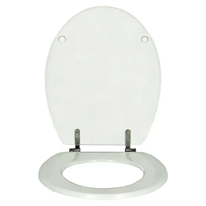 Poseidon WC-Sitz Argos - MDF, Weiß, Ohne Absenkautomatik - Offener weißer Toilettensitz und Deckel mit silbernen Metallscharnieren.
