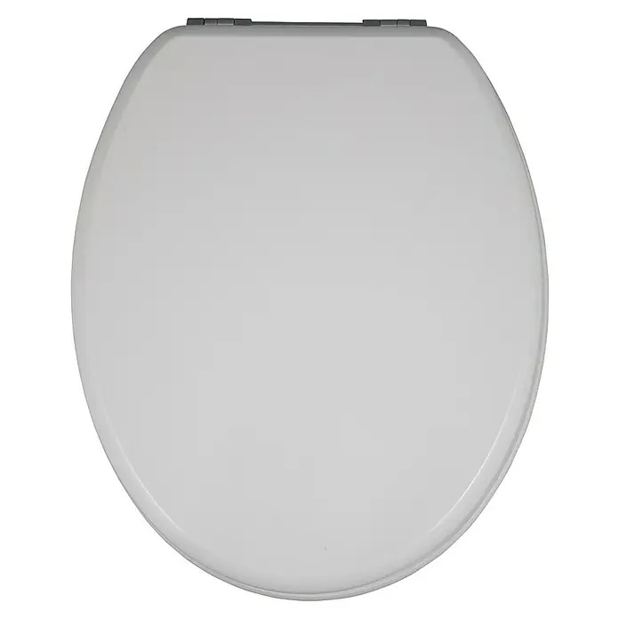 Poseidon WC-Sitz Kidi - MDF, Weiß, Mit Absenkautomatik - Weißer Toilettensitz mit grauen Scharnieren, von oben gesehen.