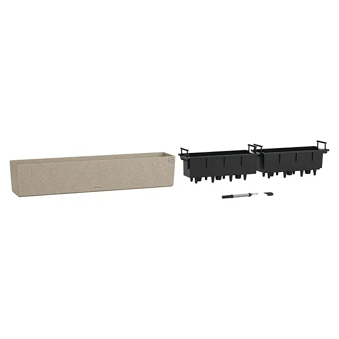 Lechuza Balconera Balkonkasten Stone - Max. Außenlänge: 100 cm, Höhe: 19 cm, Sandbeige - Beigefarbenes, rechteckiges Pflanzgefäß in Steinoptik, mit zwei schwarzen Selbstbewässerungs-Einsätzen, Wasserstandsanzeiger und Verschlusskappe.