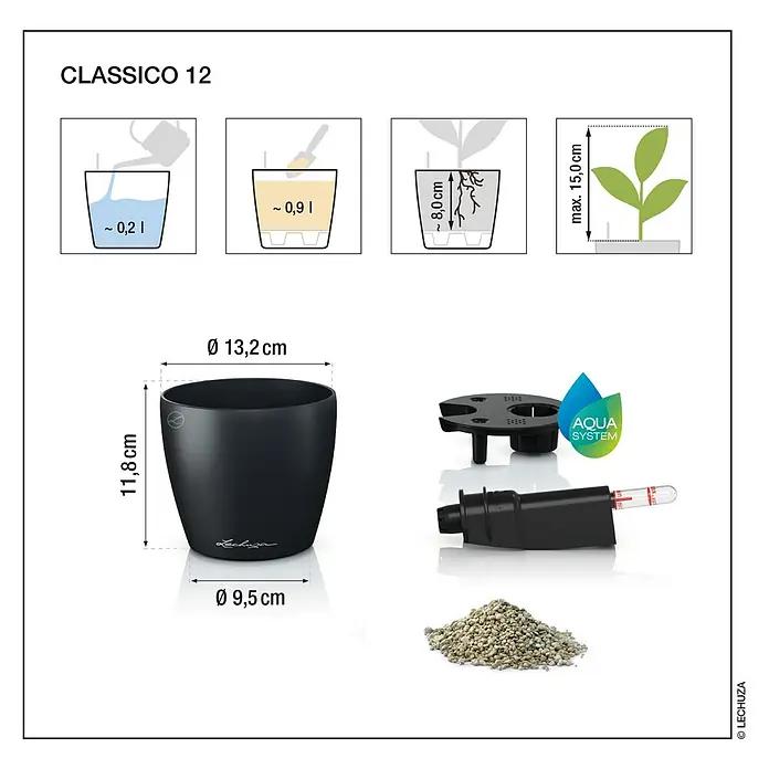 Lechuza Classico Pflanztopf Color - Außenmaß (Ø x H): 13,2 x 11,8 cm, Kunststoff, Muskat - Lechuza Classico 12, schwarzer selbstbewässernder Pflanztopf mit Aqua System und Zubehör.