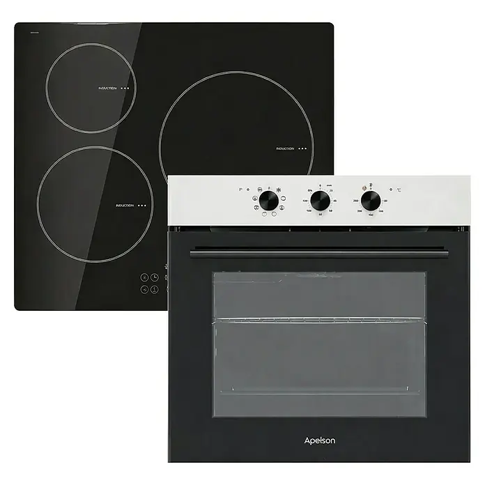 Apelson Set de horno y zona de cocción AMM 5001 X - Volumen horno: 73 l, Número de zonas de temperatura: 3 ud., Negro/Acero inoxidable - Placa de inducción negra y horno eléctrico empotrable a juego con panel de control blanco.