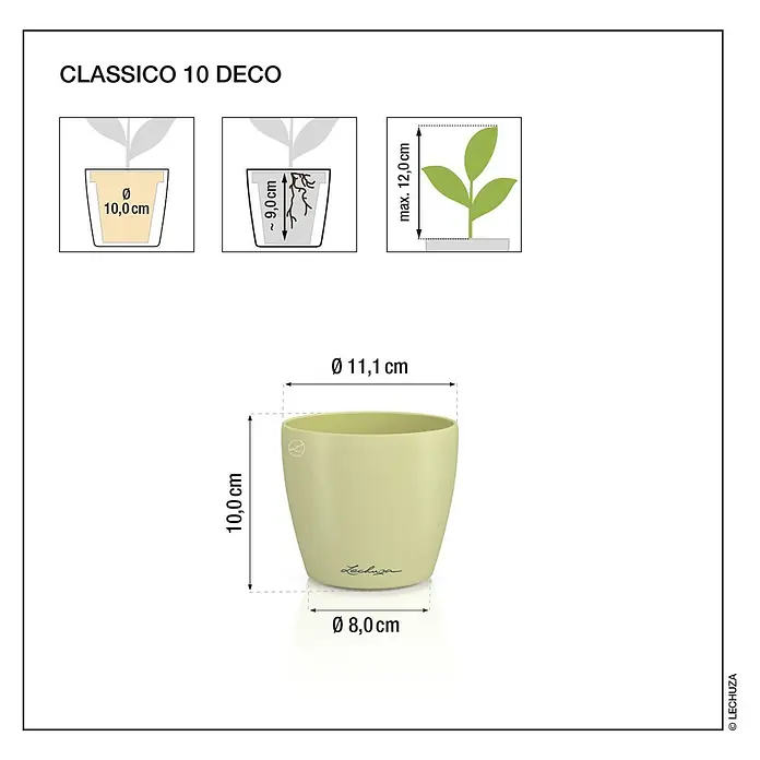 Lechuza Classico Übertopf rund Color SINGLE - Außenmaß (Ø x H): 11 x 10 cm, Kunststoff, Linde - Hellgrüner Lechuza Classico 10 Deco Pflanztopf, 10 cm hoch, 11,1 cm Ø oben, für Pflanzen bis 12 cm Höhe.