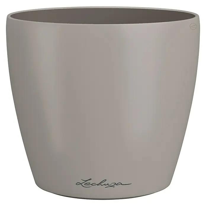 Lechuza Classico Übertopf rund Color SINGLE - Außenmaß (Ø x H): 15 x 14 cm, Kunststoff, Braun - Heller, grauer Lechuza Pflanztopf mit dunkler Innenseite.