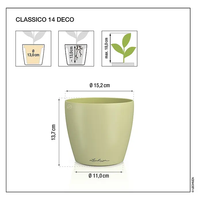 Lechuza Classico Übertopf rund Color SINGLE - Außenmaß (Ø x H): 15 x 14 cm, Kunststoff, Grau - Hellesgrüner Lechuza Classico 14 Deco Blumentopf, 13,7 cm hoch, 15,2 cm oberer Durchmesser, für Pflanzen bis 18 cm Höhe in 13 cm Töpfen.