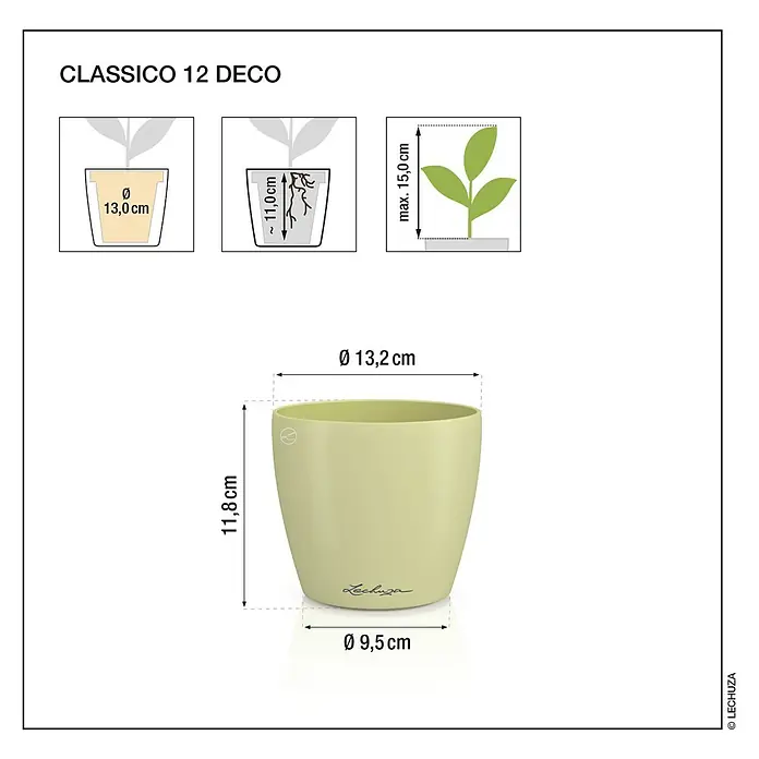 Lechuza Classico Übertopf rund Color SINGLE - Außenmaß (Ø x H): 13 x 12 cm, Kunststoff, Linde - Hellgrüner Lechuza Classico 12 Deco Pflanztopf. H 11.8cm, Ø 13.2cm oben, Ø 9.5cm unten. Für Pflanzen bis max. 15cm Höhe.