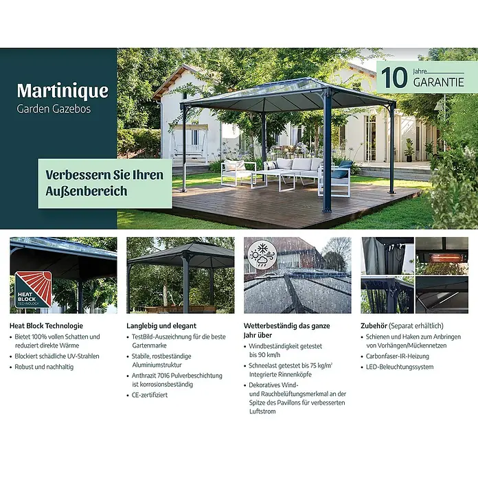 Palram – Canopia Pavillon Martinique 4300 - B x T: 430 x 295 cm, Farbe Gestell: Anthrazit, Aluminium - Ein stilvolles Martinique Gartenpavillon mit dunklem Rahmen und transparentem Dach auf einer Holzterrasse im Garten.