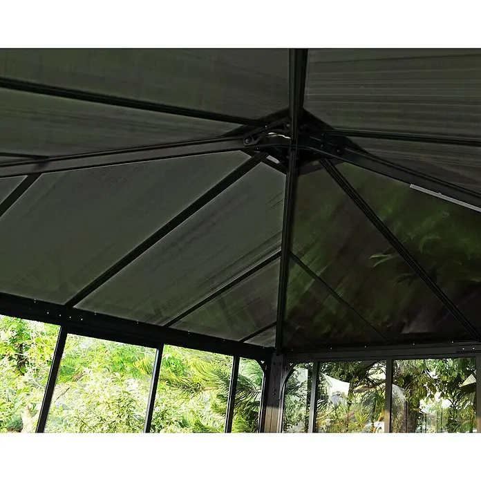 Palram – Canopia Pérgola de jardín cerrado Ledro - An x Pr: 360 x 360 cm, Color del armazón: Antracita, Aluminio - Techo de cenador con estructura de metal oscuro, paneles translúcidos texturizados y laterales de cristal transparente.