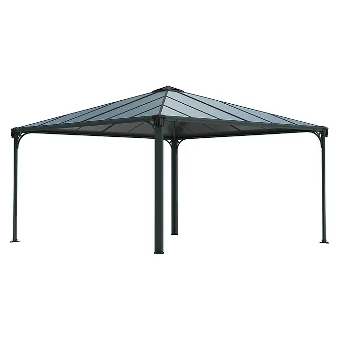 Palram – Canopia Standard-Pavillon Palermo 4300 - B x T: 429 x 429 cm, Farbe Gestell: Anthrazit, Aluminium - Dunkelgrauer Metallpavillon mit schrägem grauem Plattendach für den Außenbereich.