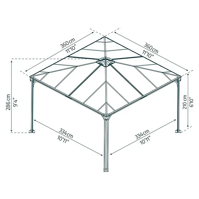 Palram – Canopia Standard-Pavillon Palermo 3600 - B x T: 360 x 360 cm, Material Gestell: Aluminium, Grau - Bemaßte Strichzeichnung eines quadratischen Pavillons mit Pyramiden-Dach, Höhe 286cm, Traufhöhe 210cm, Dachbreite 360cm und Standfläche 334cm.