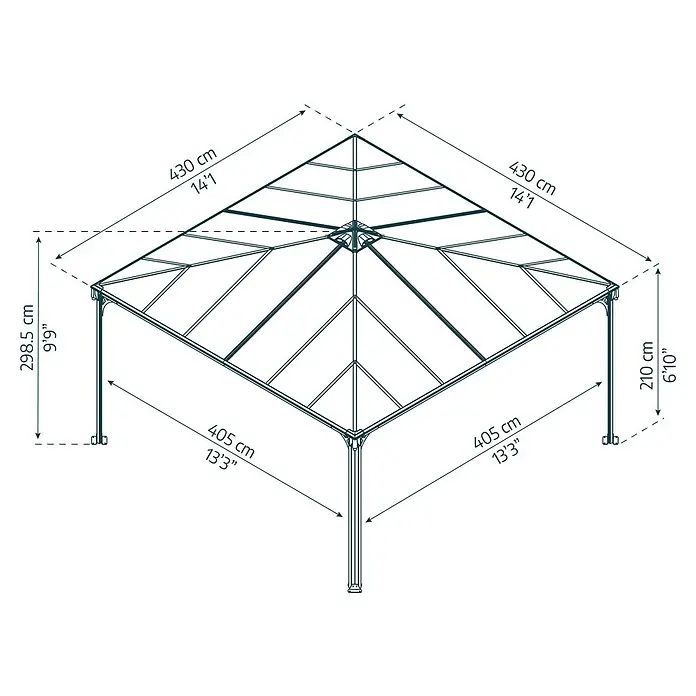 Palram – Canopia Standard-Pavillon Palermo 4300 - B x T: 429 x 429 cm, Farbe Gestell: Anthrazit, Aluminium - Technisches Datenblatt eines quadratischen Pavillons mit Pyramidendach. Maße: 405x405 cm Grundfläche, 430x430 cm Dach, 298,5 cm Gesamthöhe.
