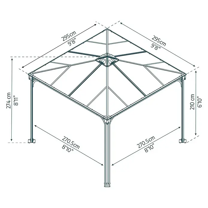 Palram – Canopia Pavillon Palermo 3000 - B x T: 295 x 295 cm, Material Gestell: Aluminium, Grau - Maßzeichnung eines Pavillons: 295cm (9'8") Dach, 270.5cm (8'10") Basis, 274cm (8'11") Gesamthöhe, 210cm (6'10") Traufhöhe.