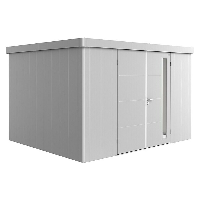 Biohort Neo Gerätehaus 3D (Außenbreite inkl. Dachüberstand: 348 cm, Außentiefe inkl. Dachüberstand: 292 cm, Stahl, Silber-Metallic, Doppeltür) | BAUHAUS