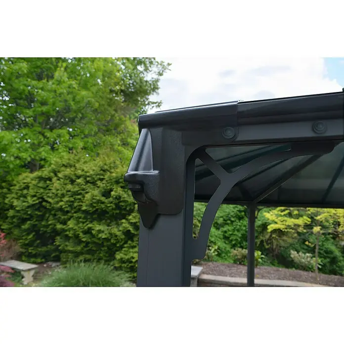 Palram – Canopia Standard-Pavillon Monaco - B x T: 390 x 450 cm, Farbe Gestell: Anthrazit, Aluminium - Dunkelgraue Pavillon-Ecke und Dachkonstruktion.