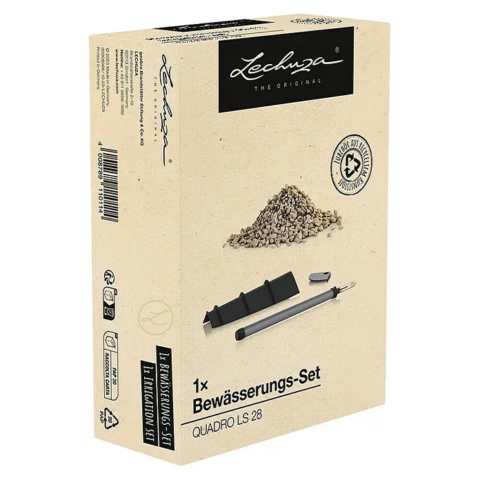 Lechuza Bewässerungs-Set Quadro LS - Kunststoff, Passend für: Quadro LS 28 - Ein naturfarbener Karton zeigt ein Lechuza Bewässerungs-Set für QUADRO LS 28, mit Granulat, schwarzem Bewässerungsteil und grauem Wasserstandsanzeiger.