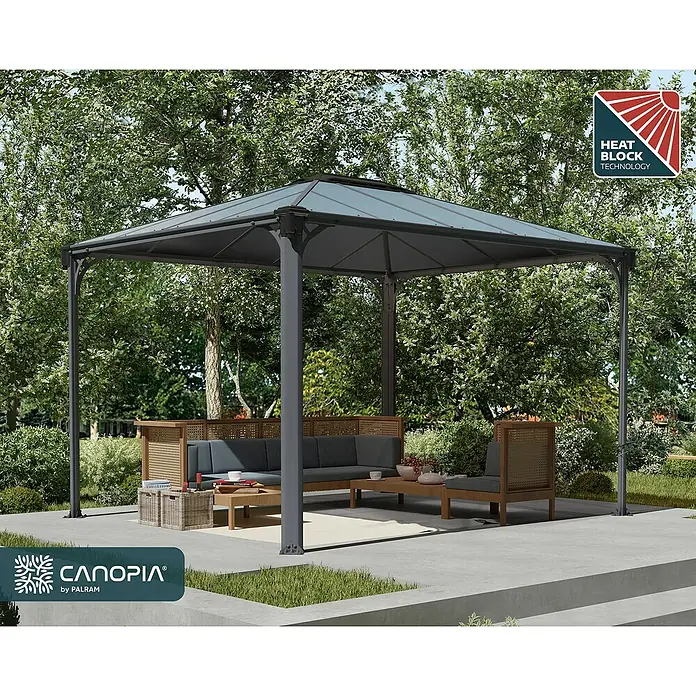 Palram – Canopia Standard-Pavillon Martinique 3600 - B x T: 295 x 360 cm, Farbe Gestell: Anthrazit, Aluminium - Dunkelgrauer Pavillon mit lichtdurchlässigem Dach im Garten, spendet Schatten für Outdoor-Loungemöbel.