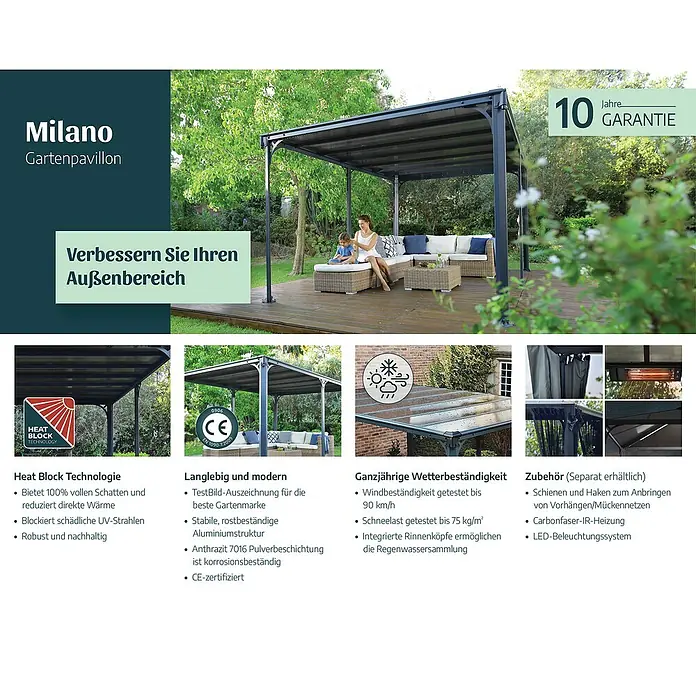 Palram – Canopia Pavillon Milano 3000 - B x T: 308 x 308 cm, Farbe Gestell: Anthrazit, Aluminium - Dunkelgrauer Milano Gartenpavillon spendet einer Familie Schatten im Garten, betont sein geräumiges Design und Outdoor-Komfort.