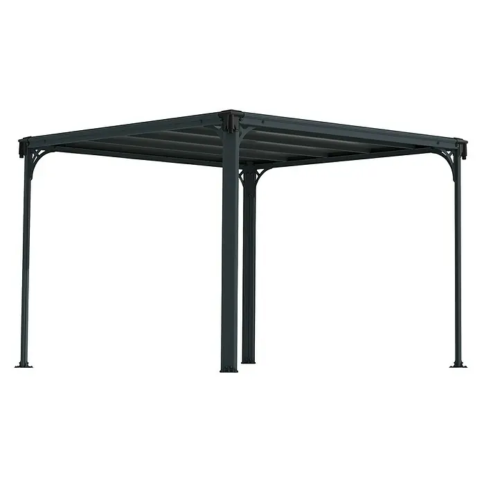 Palram – Canopia Pavillon Milano 3000 - B x T: 308 x 308 cm, Farbe Gestell: Anthrazit, Aluminium - Dunkelgraue Metall-Pergola-Struktur.