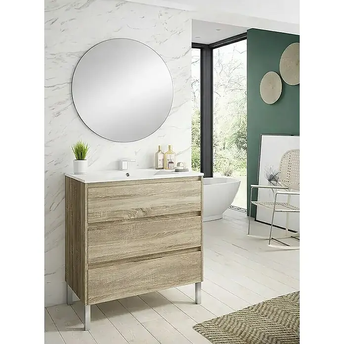 Conjunto de mueble de baño Alexa - Ancho total del mueble de baño: 80 cm, Roble, Mate - Mueble de baño de madera clara con lavabo blanco, patas metálicas y espejo redondo.