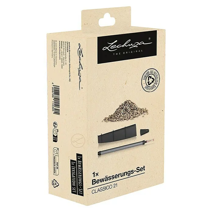 Lechuza Bewässerungs-Set Classico - Kunststoff, Passend für: Classico 21 - Lechuza Classico 21 Bewässerungs-Set in braunem Karton, zeigt Substrat und Wasserstandsanzeiger.