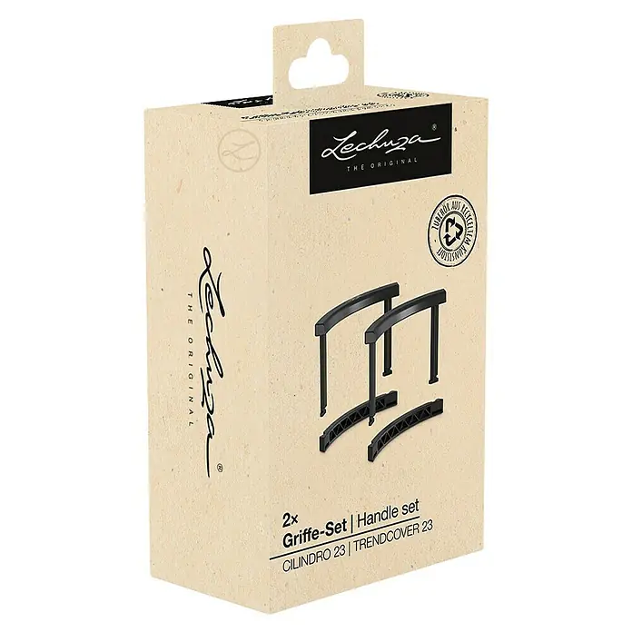 Lechuza Ersatzgriff - Passend für: Cilindro 23 / Pflanztasche 23 - Zwei schwarze Lechuza Griffe für Cilindro 23/Trendcover 23, verpackt in einem hellbraunen Karton aus Recyclingmaterial mit Aufhänger.