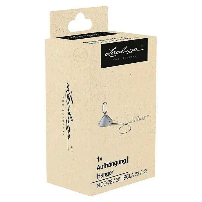 Lechuza Aufhängung Überlauf - Länge: 12,7 cm, Edelstahl, Grau, Passend für: Nido 28, 36 / Bola 23, 32 - Lechuza Nido/Bola Pflanzenhänger in einer hellen Kartonschachtel. Der silberne Metallhänger hat einen konischen Sockel mit Schlaufe und dünnen Drahtseilen.