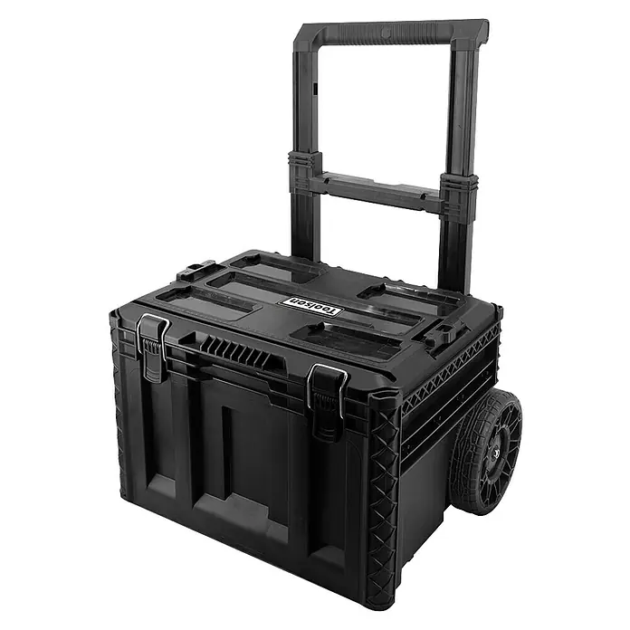 Toolson PRO-Case Juego de cajas de herramientas - 3 pzs., Apilable - Caja de herramientas rodante negra de plástico resistente con asa extensible y ruedas.