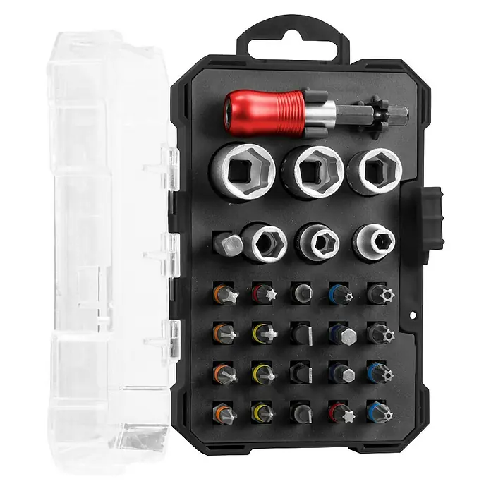 Toolson Set de puntas - 28 pzs., Longitud de punta: 25 mm - Estuche negro con portapuntas magnético rojo, varias puntas de destornillador (hexagonales, Torx, planas) y vasos, bien organizados.