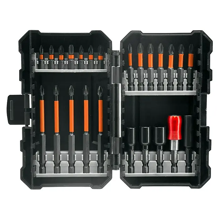 Toolson Set de puntas - 24 pzs. - Estuche negro abierto que muestra una variedad de puntas de destornillador: con bandas naranjas, largas naranjas, vasos negros y un portapuntas rojo.
