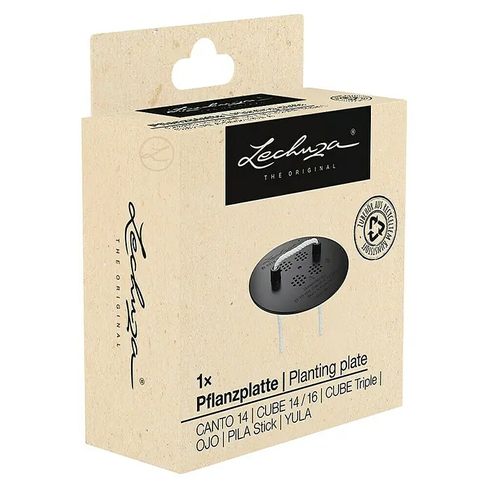 Lechuza Pflanzplatte mit Bewässerungsstick - Kunststoff, Weiß/Schwarz - Lechuza Pflanzplatte in einer hellbraunen Kartonverpackung.