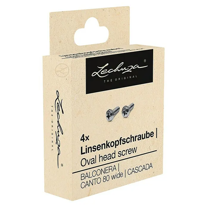 Lechuza Linsenkopfschraube für Balkonkastenhalterung - Edelstahl, Verzinkt - Lechuza 4x silberne Linsenkopfschrauben mit Kreuzschlitz in einer kleinen Box.