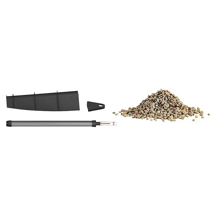 Lechuza Bewässerungs-Set Classico - Kunststoff, Passend für: Classico 43 - Dunkelgraue aerodynamische Flosse, Haufen beiger und grüner Granulate und ein grauer Wasserteststreifen.