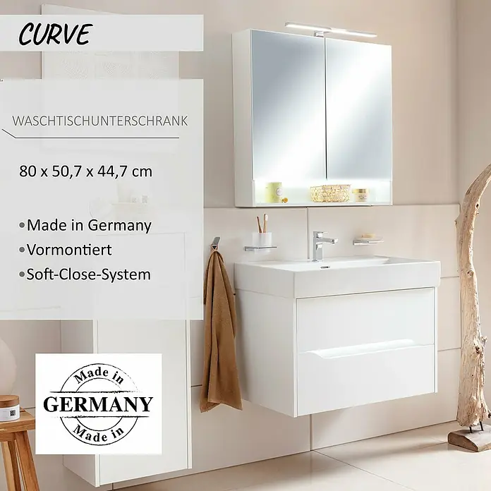 Camargue Curve Waschtischunterschrank - B x T x H: 80 x 44,7 x 50,7 cm, Weiß - Weißer wandmontierter Badezimmer-Waschtisch mit integriertem Waschbecken und Spiegelschrank, mit Soft-Close-Schubladen und 'Made in Germany'.
