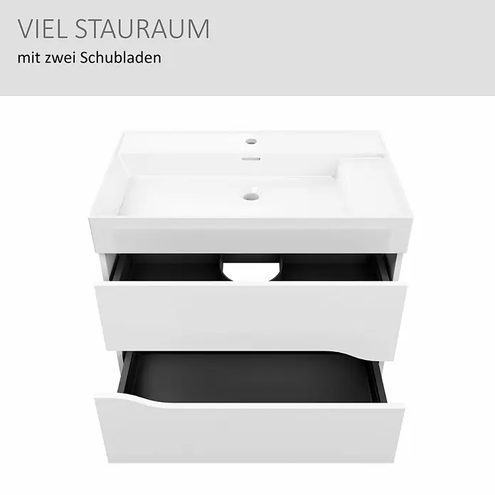 Camargue Curve Waschtischunterschrank - B x T x H: 80 x 44,7 x 50,7 cm, Weiß - Weißer Badunterschrank mit integriertem Waschbecken und zwei geöffneten Schubladen mit schwarzer Innenausstattung.