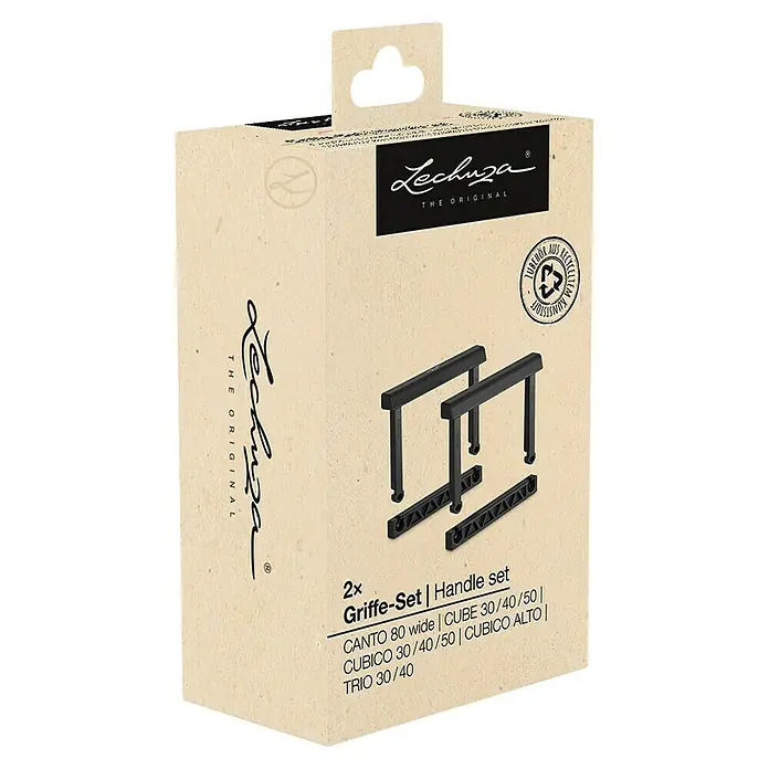 Lechuza Ersatzgriff - Passend für: Cubico / Cube / Cubico Alto / Canto - Lechuza Griff-Set in einer hellbraunen Kartonverpackung mit zwei schwarzen Kunststoffgriffen und zwei Bodenteilen. Aus recyceltem Kunststoff.